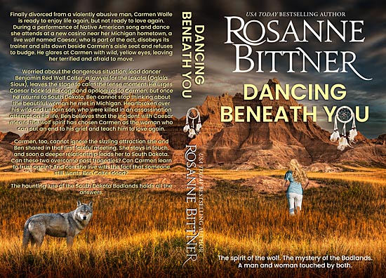 Book cover showing mountains, prairie, woman running, and wolf.